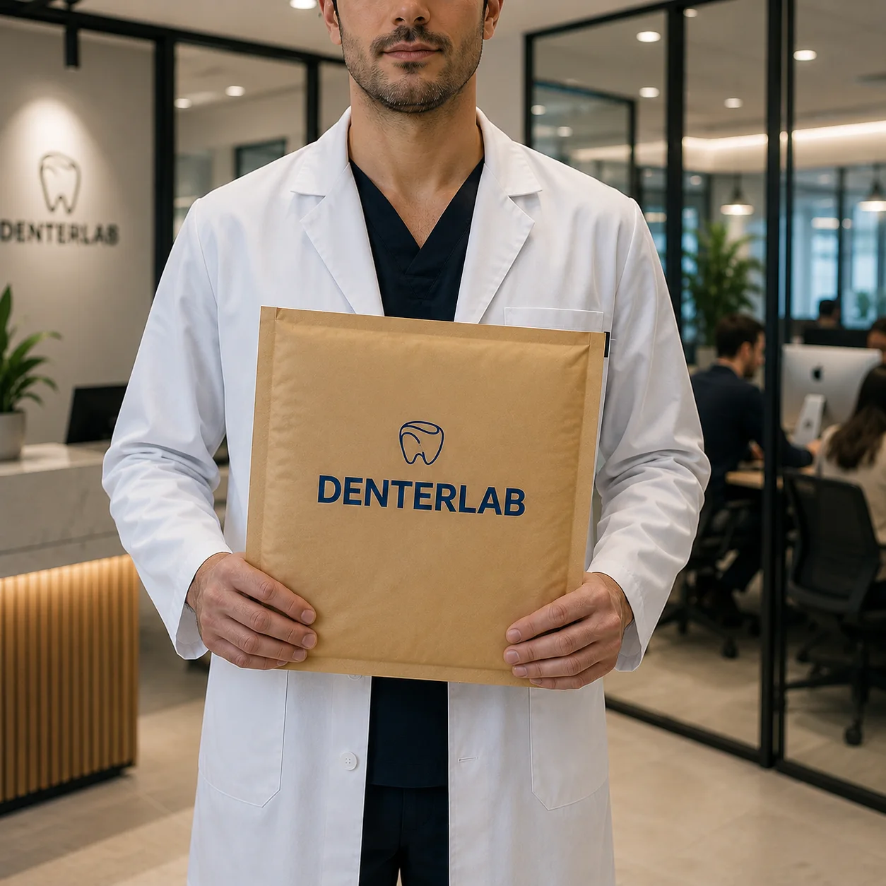 Technicien Denterlab remettant un colis de prothèses au cabinet